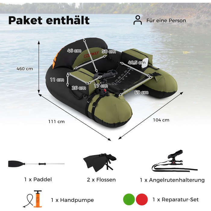 Надувне рибальське сидіння Belly Boat Costway з регульованим утримувачем вудки, зеленого кольору