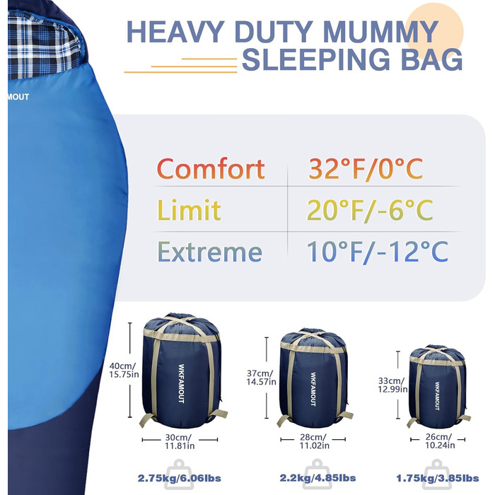 Спальний мішок WKFAMOUT Mumienschlafsack Outdoor -12°C-0°C [500GSM] з фланелі для кемпінгу та подорожей. Підходить для дорослих та дітей. Зручний, теплий, машинне прання.