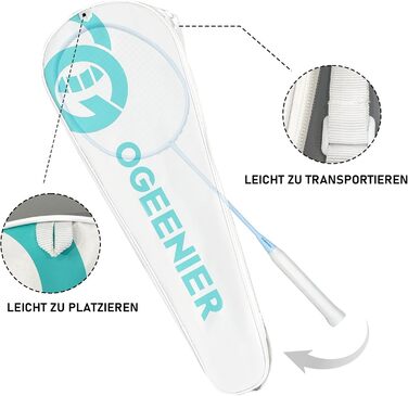 Ракетка для бадмінтону OGEENIER з графіту, легка, професійна, карбонова, з антиковзним грифом та сумкою (Блакитна)