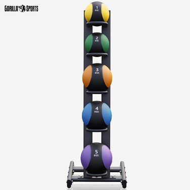 Медичний м'яч GORILLA SPORTS® - окремо/набір, 1-10 кг, з неслизькою поверхнею, гумовий, вибір кольору. Slam Ball, вантажний м'яч, тренувальний м'яч, слямбол (набір 15 кг з підставкою - багато кольорів)