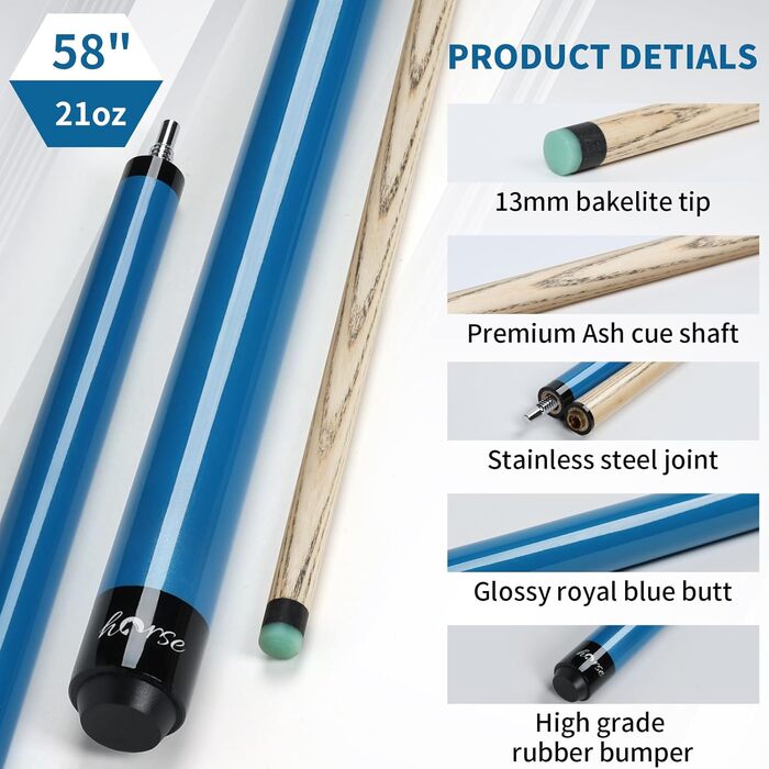 Біліардний кий Horse з наконечниками 13 мм, 147 см, з рукавичками та крейдою. Дерев'яний кий для більярду для дорослих. Стильний дизайн, вага 540/600 г