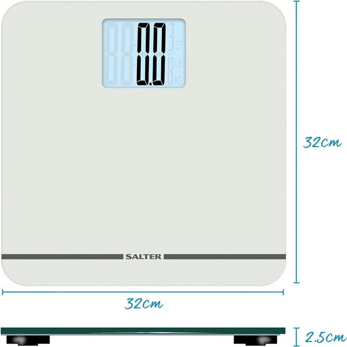 Електронна вага Salter 9075 WH3R Premium Max, скляна платформа, до 250 кг, цифрова вага для людей, XL-дисплей, килимові ніжки, батарейки, біла