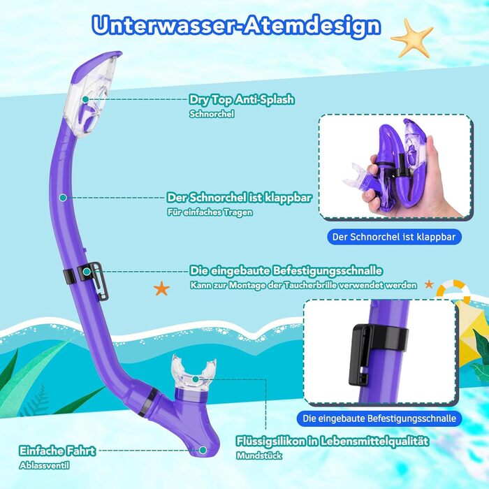 Набір для снорклінгу для дітей з ластами, маска з панорамним оглядом 180°, регульовані ласти, високоякісна маска та сухий снорклінг для плавання (фіолетовий)
