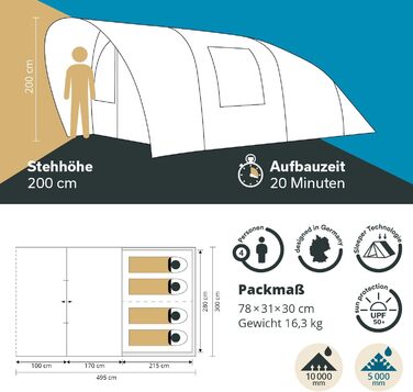 Намет Skandika Hafslo Sleeper Protect для кемпінгу 4/5/6 осіб, водонепроникний, з вшитим дном (5000 мм), тамбур, чорна спальня | Сімейний намет
