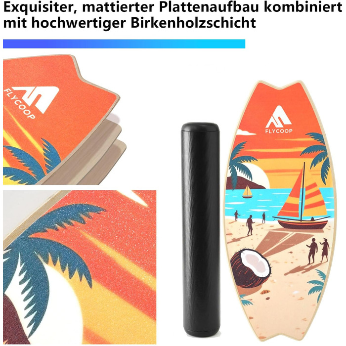 Балансборд Flycoop для дорослих: дошка для балансу, серфінгу та трюків з роликом, м'ячем та килимком