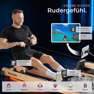 Гребний тренажер tectake з водяним опором та пульсоміром, складаний дерев'яний симулятор веслування для дому, до 150 кг