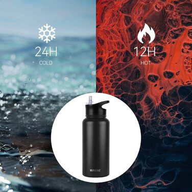 Термос пляшка з нержавіючої сталі 1 л з 2 кришками, трубочкою, BPA Free, вакуумна, подвійна ізоляція, не протікає, підходить для газованих напоїв, для спорту, подорожей, кемпінгу