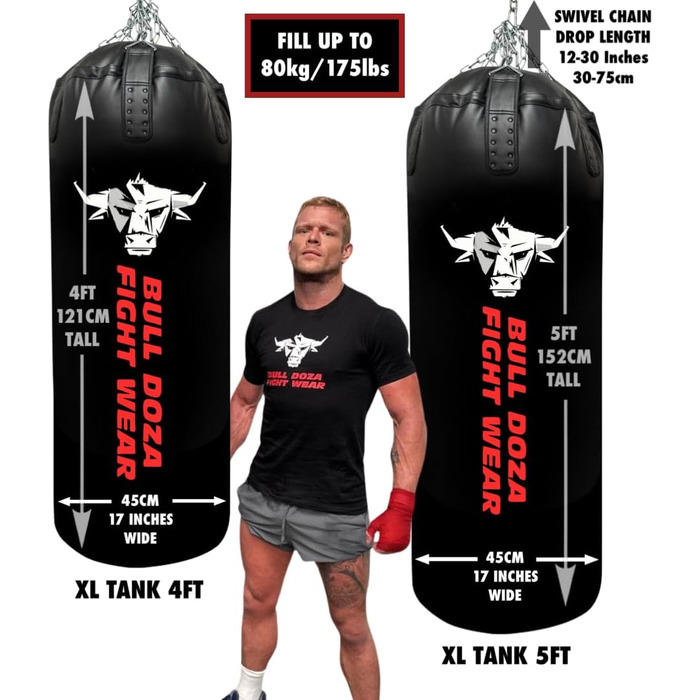 BULL DOZA FIGHT WEAR самонаповнюваний боксерський мішок XL 4FT, для MMA, боксу, кікбоксингу, Муай Тай, тхеквондо, з підвісними ланцюгами, карабіном, чорний, для єдиноборств