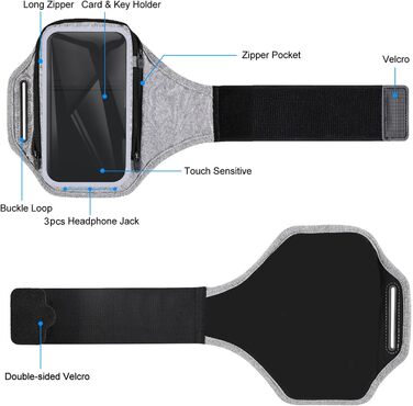 Спортивний браслет для телефону з кишенею для навушників, чохол для телефону для бігу 6.9 дюймів, кріплення на руку для iPhone 17 16 15, спортивний браслет, знімний тримач для телефону, для джоггінгу (світло-сірий)