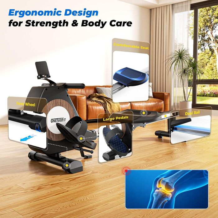 Гребний тренажер ONETWOFIT складаний для дому Pro, 16 рівнів навантаження, кросстренажер до 160 кг, сумісний з додатком, чорний