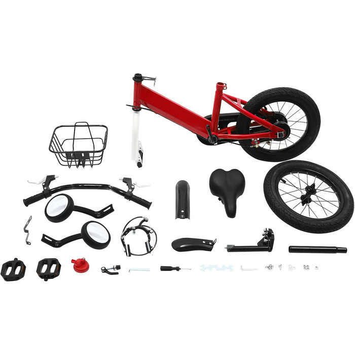 Дитячий велосипед 14 дюймів, регульована висота, велосипед для дівчаток 3-5 років, з додатковими колесами та кошиком, червоний