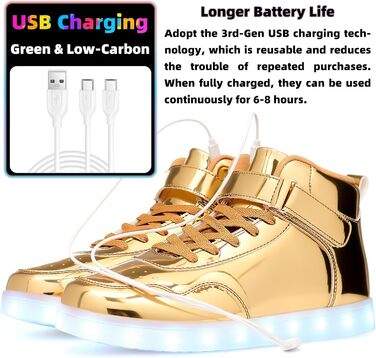 APTESOL LED кросівки високі, світлодіодні, зарядка USB, золото, для жінок та чоловіків, 42 EU