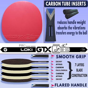 Набір для пінг-понгу MaxMVMT – 7 шарів карбону, комплект для 4 гравців, преміум гума 2.1 мм, 8 тенісних кульок, портативна сумка