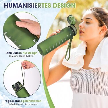 Спортивна пляшка для води 1л, витокозахисна, без BPA, з мітками об'єму, зелена