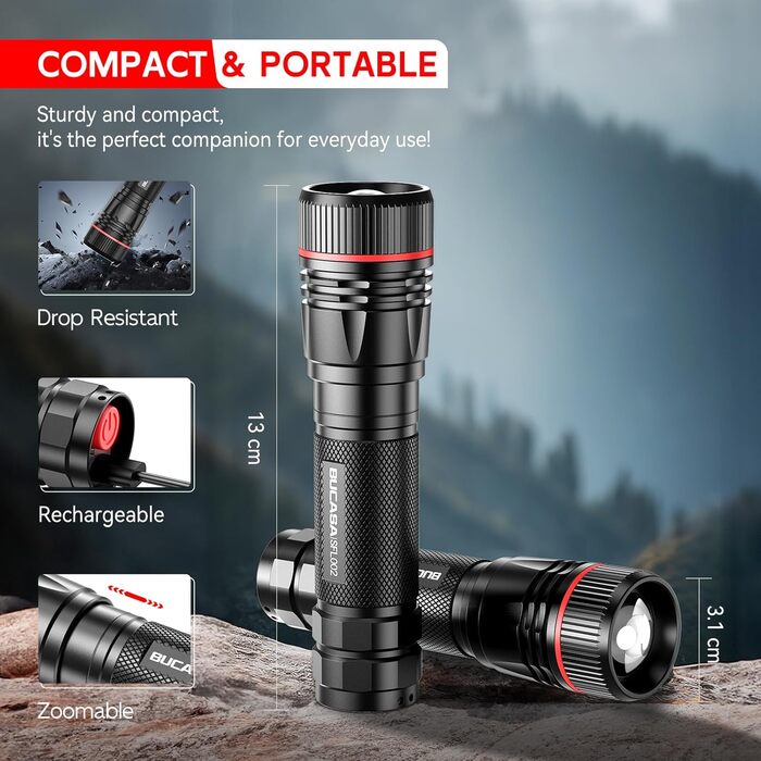Ліхтарик LED BUCASA, 2000 люмен, 3 режими, збільшення, водонепроникний, для кемпінгу та активного відпочинку (2 шт.)