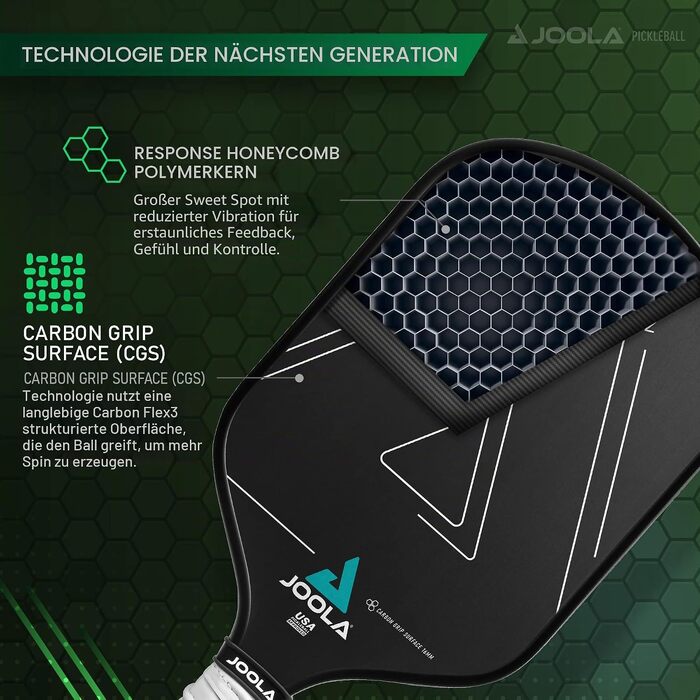 Ракетка для піклболу JOOLA Vision з вуглецевим покриттям Carbon-Grip для максимального спіну та контролю, стільниковий сердечник, чорна