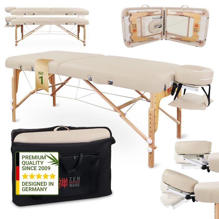 Масажний стіл Zen з круглими кутами, складний та регульований по висоті - професійний масажний стіл з цільного дерева з регульованою спинкою, підголівником, підлокітниками та кишенею (кремовий)
