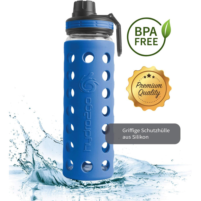 Скляна пляшка для води hydro2go з силіконовим чохлом 550 мл, синя, 2 кришки, герметична, BPA-free, для дітей, офісу, спорту, йоги та активного відпочинку, можна мити в посудомийці