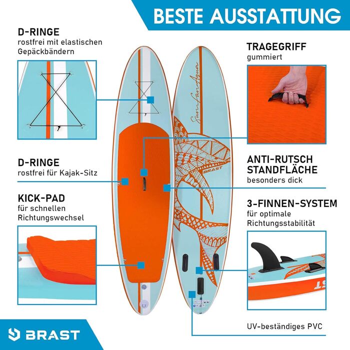 SUP-дошка BRAST Shark 300-320 см надувна, набір для сапбордингу, 2в1 весло, крісло-каяк, аксесуари, 5 років гарантії