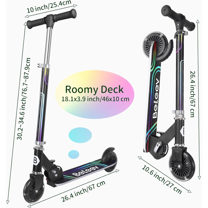 Белеїв V2 Роликовий Самокат для дітей 3-12 років з LED-підсвічуванням, регульованою висотою та заднім гальмом, складний, чорний