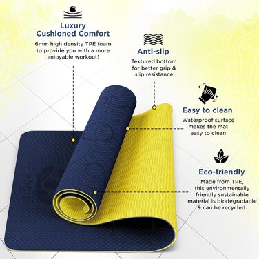 Килимок для йоги Yogii Yoga Matte: преміум TPE, 183x61x0.6 см, антиковзання, синій/золотий
