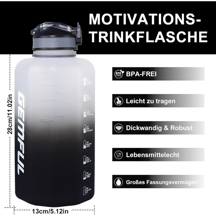 Фляга для води GEMFUL 2.2 л зі трубочкою, велика спортивна пляшка з маркуванням часу, BPA-free, для фітнесу, велоспорту, активного відпочинку та роботи (Білий/Чорний)