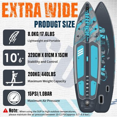 Надувний SUP Борд ALLPICK Premium Set: Комплектація для початківців та просунутих, з камерою, регульованим веслом, 200 кг, колір: ошм'ятково-блакитний