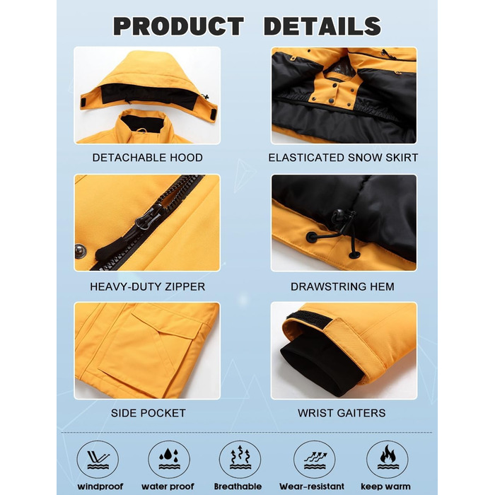 Сніговий костюм HOUZONIY для чоловіків, жовто-чорний, дихаючий, вітронепроникний, з капюшоном, для катання на лижах та сноуборді