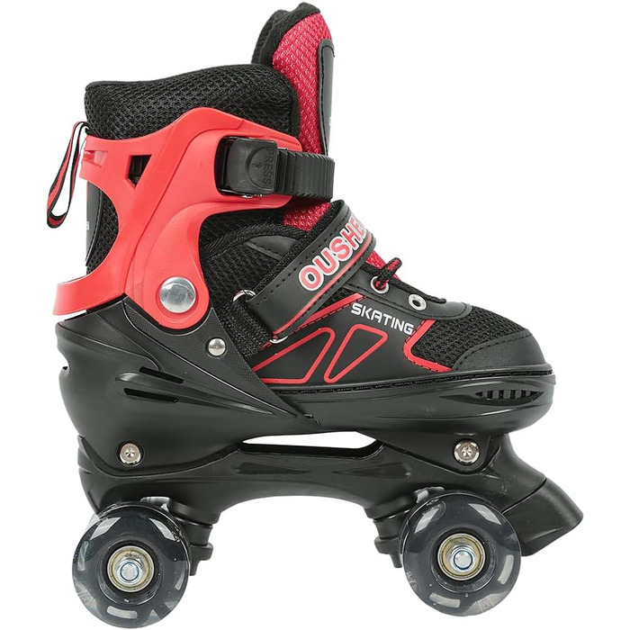Інлайнери (ролики) для дітей та дорослих, розмір M, з великими колесами 76 мм, регульовані, світлодіодні, червоно-чорні