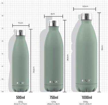 Пляшка для води FLSK 1000 мл із нержавіючої сталі, термос, преміум-якість, герметична, підходить для газованих напоїв, зберігає холод до 24 годин, тепло до 18 годин (sage)