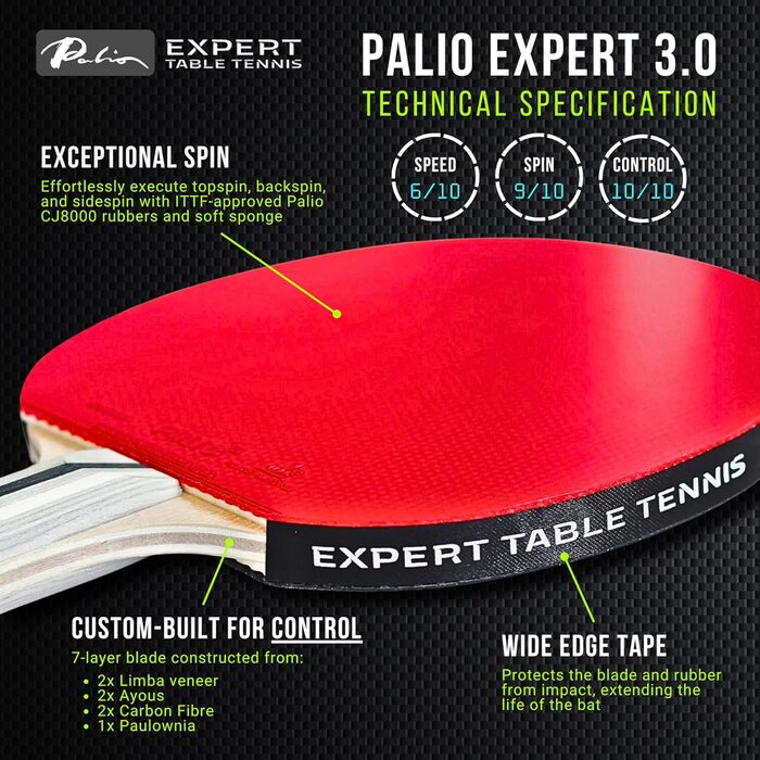 Набір тенісних столів Palio Expert 3.0 з чохлом | ITTF, високопродуктивні ракетки для пінг-понгу для початківців | Набір з 2 ракетками з максимальним обертанням та контролем