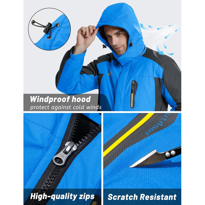 TACVASEN чоловіча тепла зимова куртка з капюшоном, водонепроникна, функціональна, блакитна