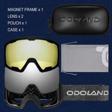 Одоланд Скі-маска для сноуборду та лиж для жінок та чоловіків з 2 змінними лінзами та чохлом, антитуманне покриття, захист від УФ-променів, сумісна з шоломом, для хлопчиків та дівчаток, чоловіків та жінок, темно-сріблястий (VLT 15%)