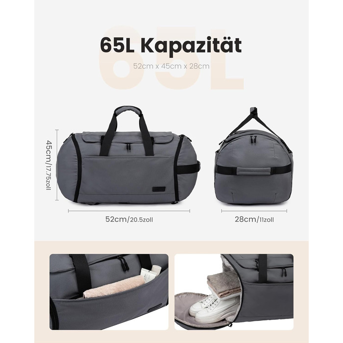 Спортивна сумка LOVEVOOK для чоловіків з відділенням для взуття, 65L, сіро-чорна.  Чоловіча сумка для спортзал, подорожі, ручна поклажа, 52x45x28 см.