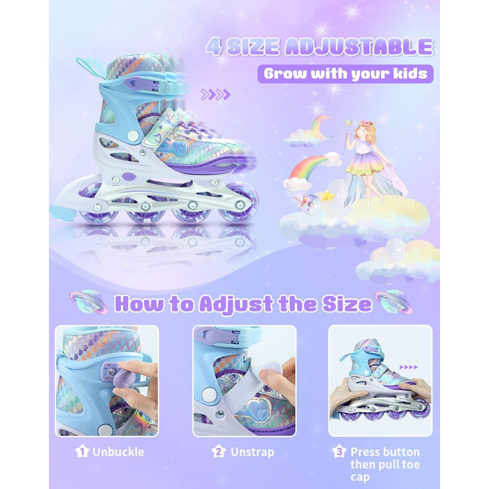 Дитячі ролики Inliner Sportneer з регульованим розміром 30-41, комплект з 6 захисниками та LED-підсвічуванням (фіолетовий)