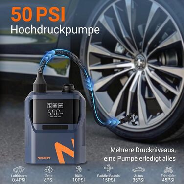 Електричний насос для SUP-дошки NACATIN 50PSI: акумуляторний компресор 5200mAh та 12V для падлбордів, човнів та автомобільних шин, 6 насадок