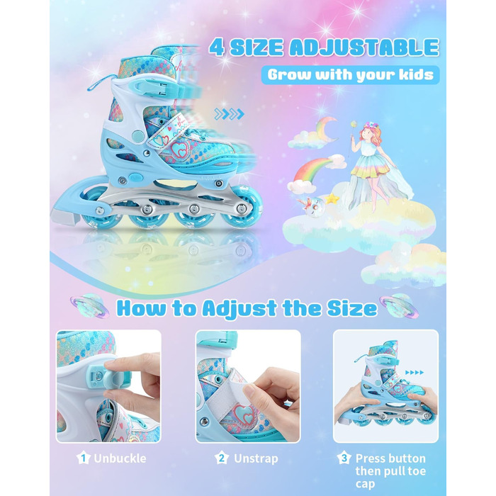 Дитячі ролики Inliner Sportneer, 30-41 розмір, комплект з 6 захисниками, LED, блакитний, для дівчаток та жінок