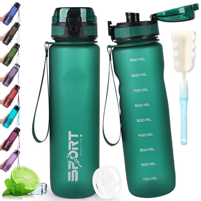 Спортивна пляшка для води 1л, витокозахисна, без BPA, з мірною шкалою, смарагдово-зелена