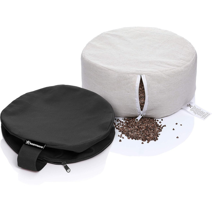 Йога подушка BODYMATE кругла 31см, 13см, з наповнювачем з лушпини гречаної, знімний чохол 100% бавовна, для медитації та сидіння, чорна