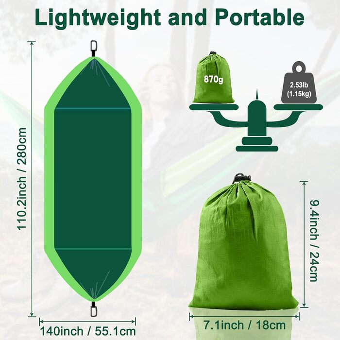 Гамак для кемпінгу Outdoor, легкий, портативний, з двома стропами для дерева, нейлон, 280*140 см (темно-зелений)