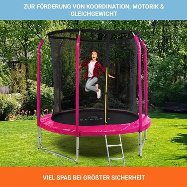 Батут Klarfit Jumpstarter - дитячий, 250 см, рожевий. З перилками, сіткою та сходами. Для активних ігор та фітнесу на вулиці. Підходить для дітей 5-9 років.