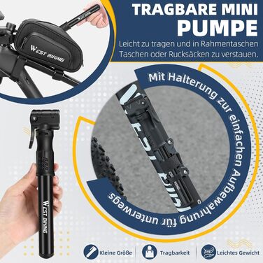 West Biking Mini насос для велосипеда - алюмінієвий насос для велосипеда, підходить для всіх типів вентилів, портативний, компактний, швидке накачування шин, легкий міні-насос для велосипеда, MTB, шосе, м'ячів, чорний