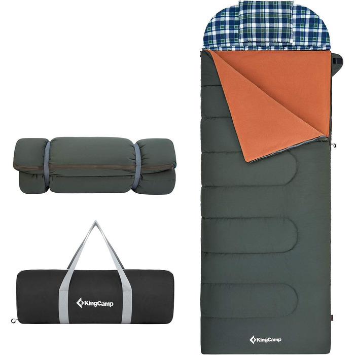 Сплячий мішок KingCamp для дорослих 3 в 1 з знімною ковдрою, зимовий, XXL, бавовна фланель, легкий, портативний, теплий (оливковий, наповнювач 500г/м²)