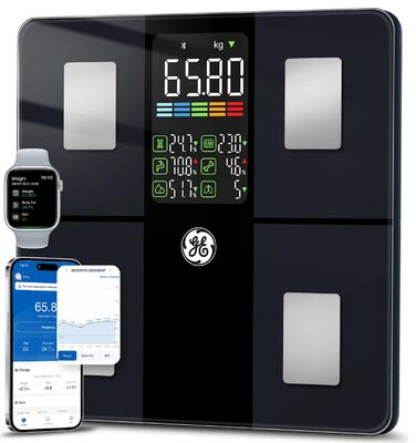 Розумні ваги GE для тіла: аналізатор складу тіла (жир, м'язи, BMI), Bluetooth, 180 кг, великий дисплей