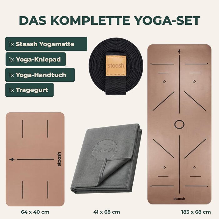 Преміум набір для йоги STAASH: антиковзкий килимок з PU та натурального каучуку (4,5 мм), рушник, ремінь та наколінник, Мока-бежевий