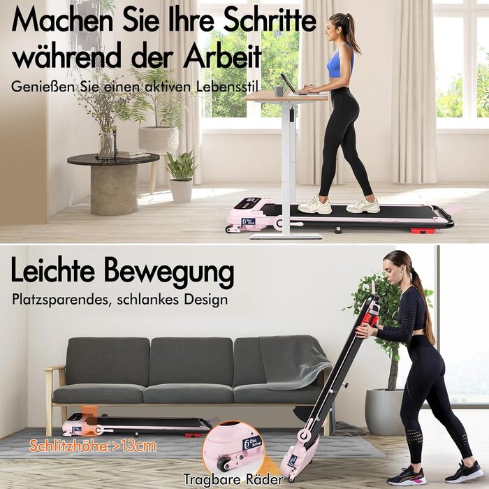 Біговий доріжка BLACK LORD X7, Walking Pad під стіл, 3.0PS, до 130кг, Bluetooth, 3 рівня нахилу, рожевий