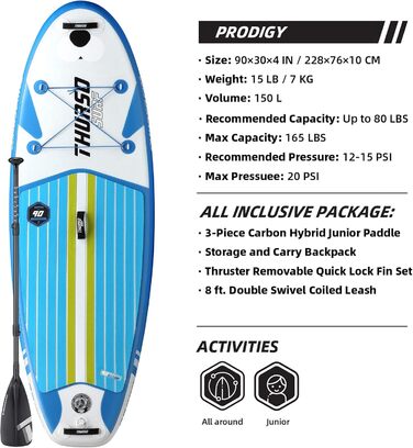 Дитяча надувна SUP-дошка THURSO SURF Wunderkind 228×76×10 см, двошарова, з веслом із карбоновим держаком, 3 плавниками, шнурком і рюкзаком, бірюзова