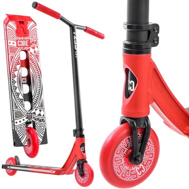 Трюковий самокат CORE Stunt Scooter Trick 110mm, ABEC 9, для дітей та дорослих (від 5 років), регульована висота 78-96 см + наклейка Fantic26 (Чорний/Червоний)