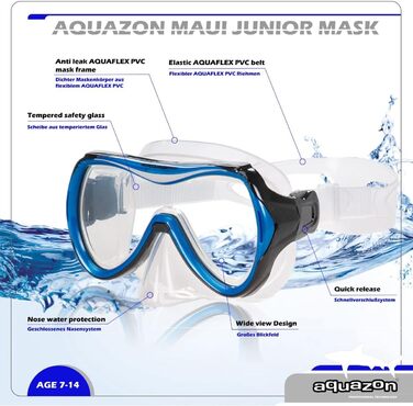 Дитяча маска для плавання AQUAZON Maui, 7-12 років, загартоване скло, м'який силікон