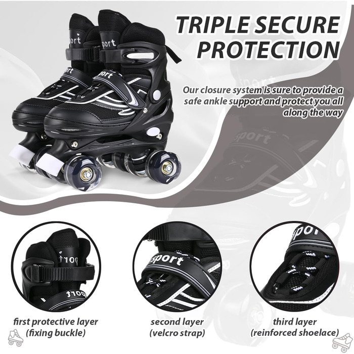 Дитячі ролики Kinder для дівчаток та хлопчиків, регульовані, 4 розміри, чорні